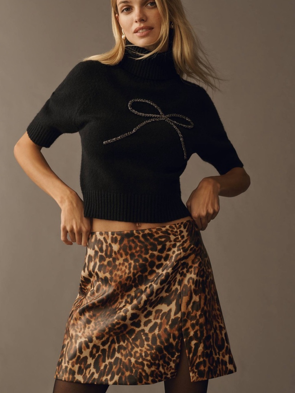 Maeve Anthropologie Women Faux Leather Leopard Print Side Slit Mini Skirt NWT 6